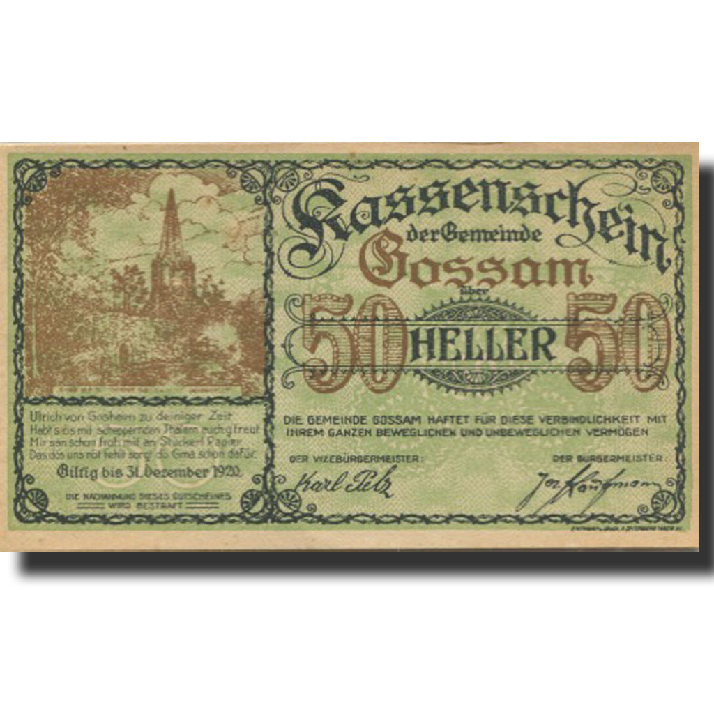 Banknote, Austria, Gossam, 50 Heller, Eglise 2, 1920 UNC(63) Mehl:FS 252b