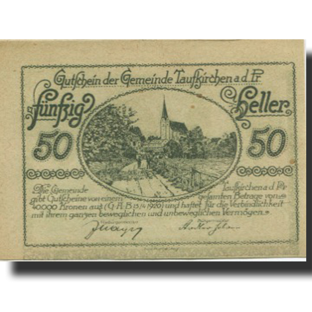 Banknote, Austria, Taufkirchen 50 Heller, village, 1920 UNC(63) Mehl:FS 1058a