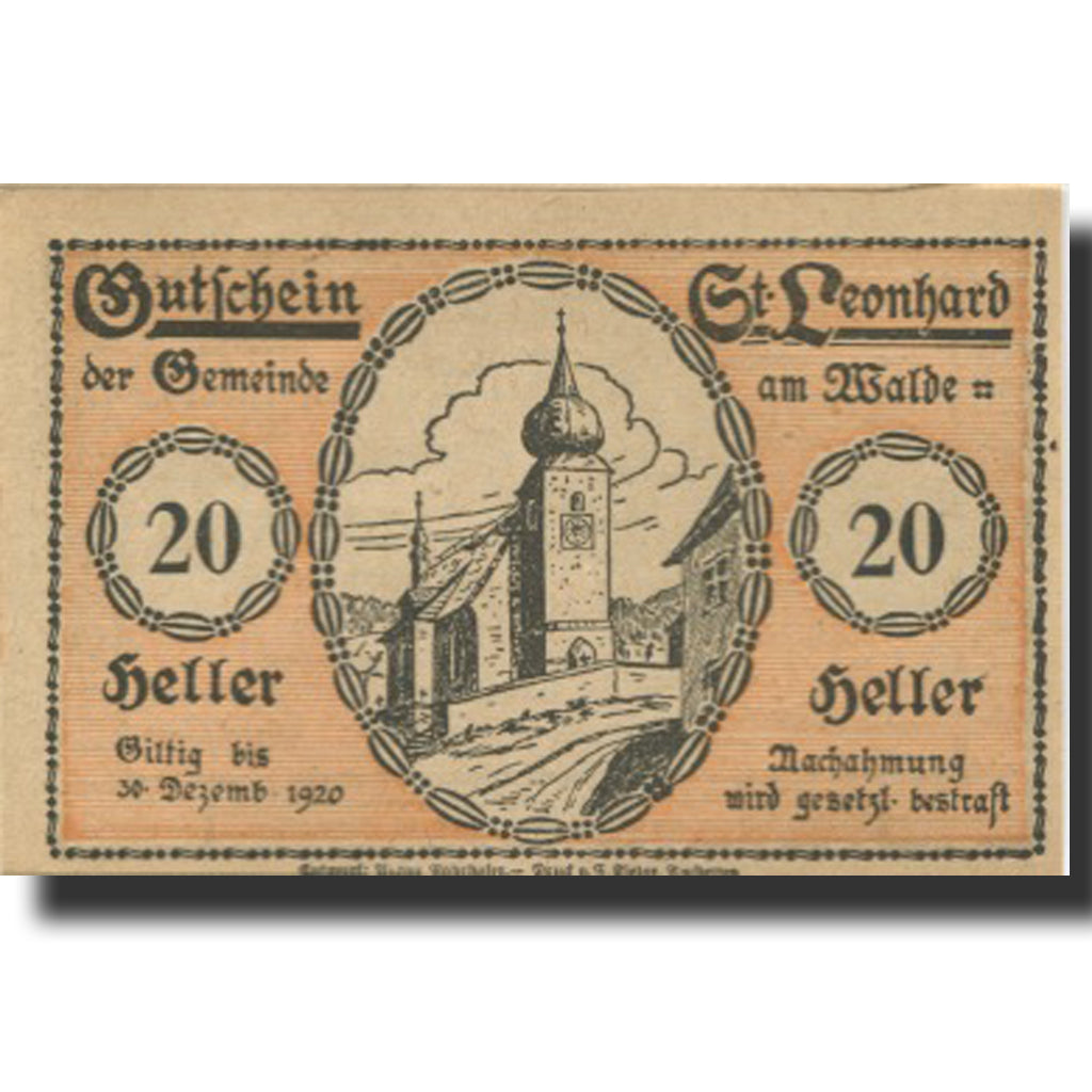 Banknote, Austria, St Leonhard 20 Heller, Eglise, 1920 UNC(63) Mehl:FS 902a