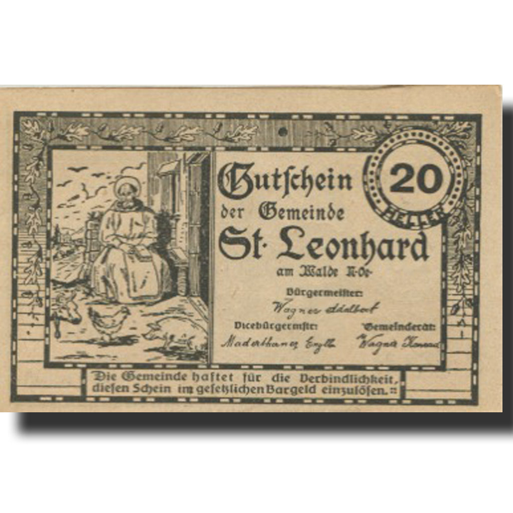 Banknote, Austria, St Leonhard 20 Heller, Eglise, 1920 UNC(63) Mehl:FS 902a