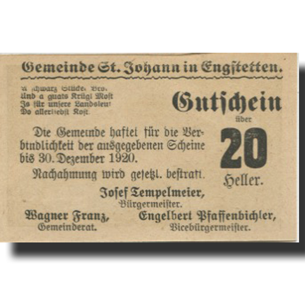Banknote, Austria, St Johann, 20 Heller, village, 1920 UNC(63) Mehl:FS 897b