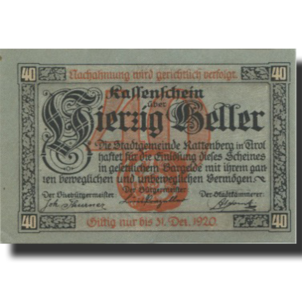Banknote, Austria, Rattenberg, 40 Heller, Monument, 1920 UNC(63) Mehl:FS 821I