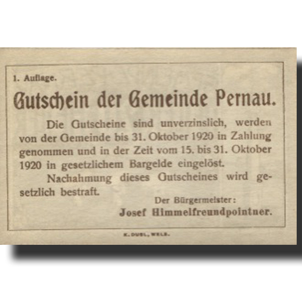 Banknote, Austria, Pernau, 20 Heller, personnage, 1920 UNC(63) Mehl:FS 734II