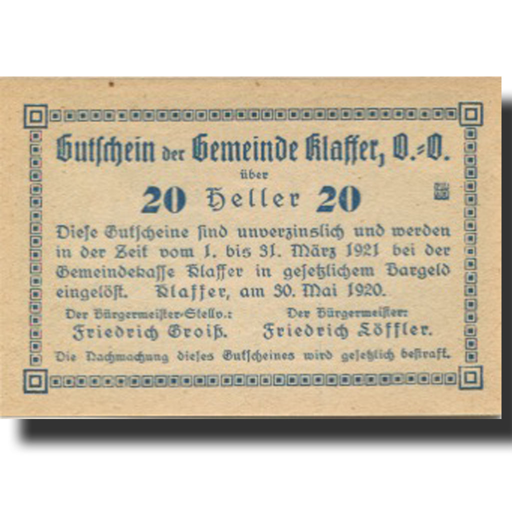 Banknote, Austria, Klaffer, 20 Heller, village, 1921 UNC(63) Mehl:FS 450b