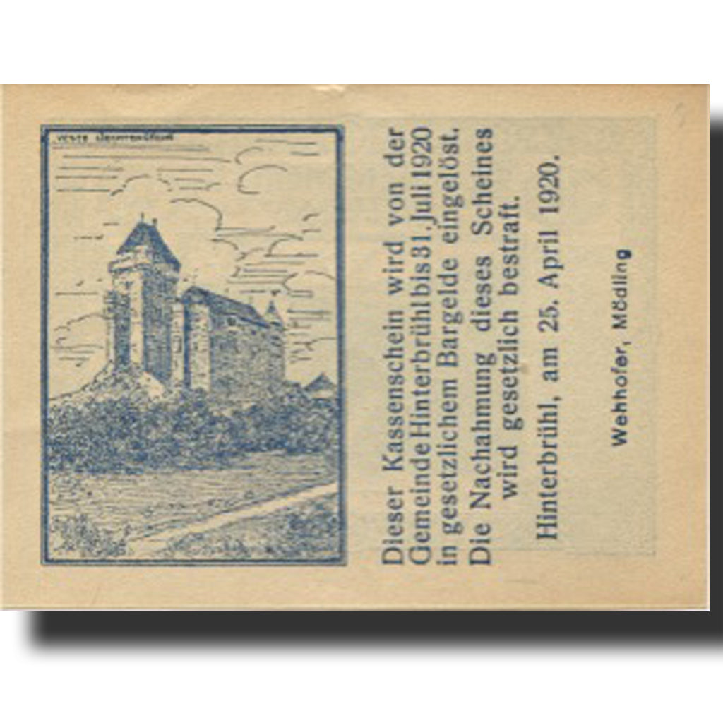 Banknote, Austria, Hinterbrühl, 10 Heller, château, 1920 UNC(63) Mehl:FS 376Ia