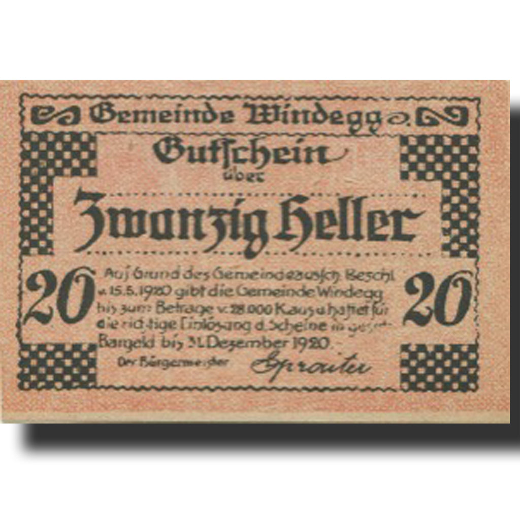 Banknote, Austria, Windegg, 20 Heller, ruine, 1920 UNC(63) Mehl:FS 1241Ia