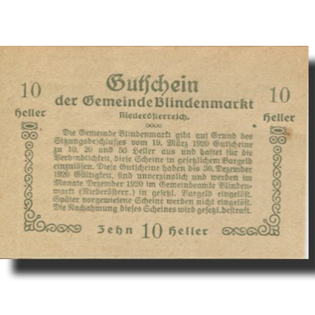 Banknote, Austria, Blindenmarkt, 10 Heller, Blason, 1920, UNC(63) Mehl:FS 93Ia