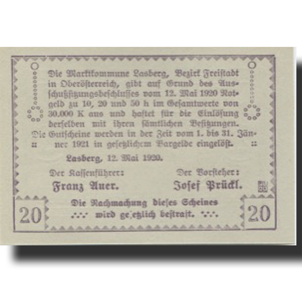 Banknote, Austria, Ensberg, 20 Heller, paysage, 1920 UNC(63) Mehl:FS 505b