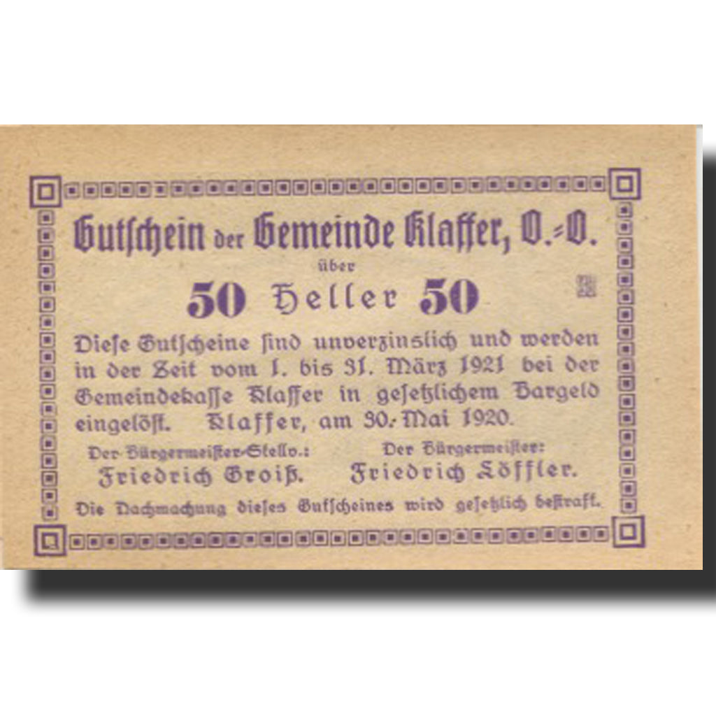 Banknote, Austria, Klaffer, 50 Heller, village, 1921 UNC(63) Mehl:FS 450b