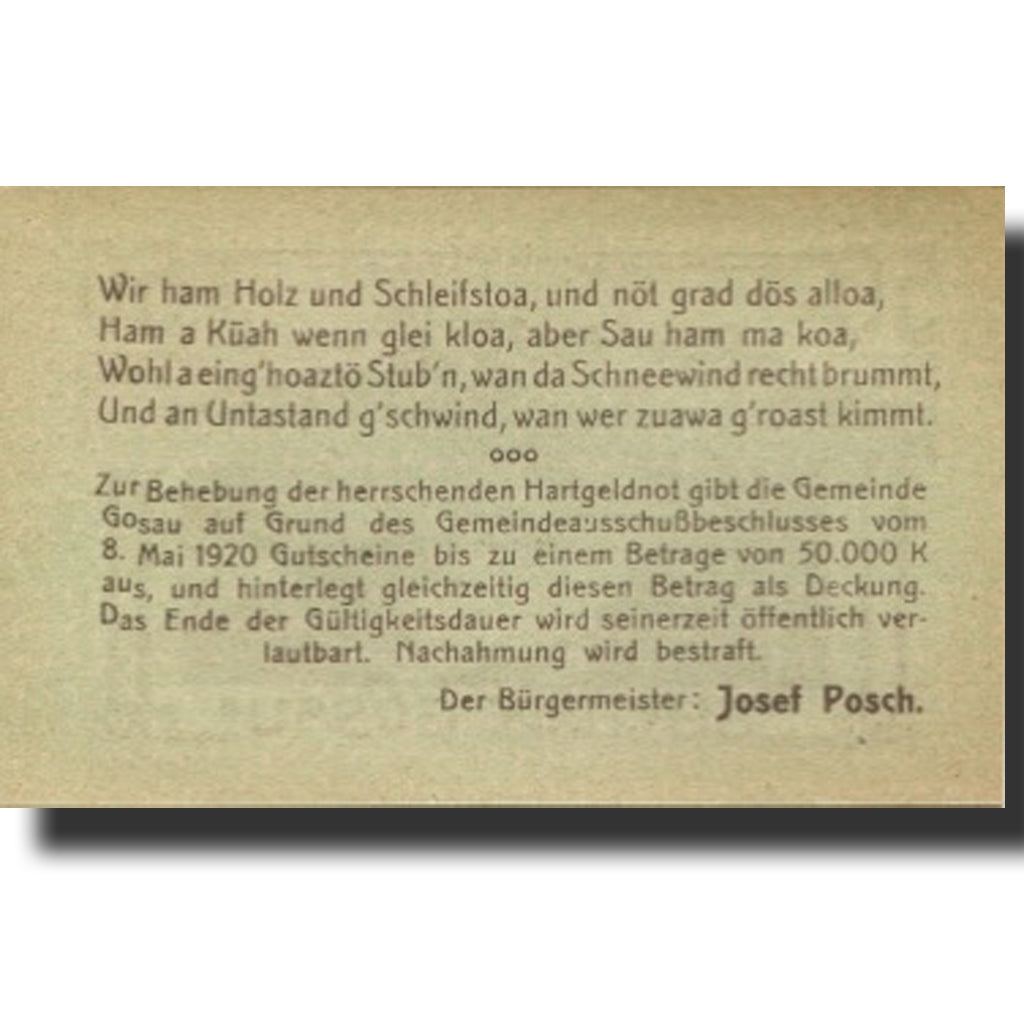 Banknote, Austria, Gosau, 50 Heller, montagne, UNC(63), Mehl:FS 251