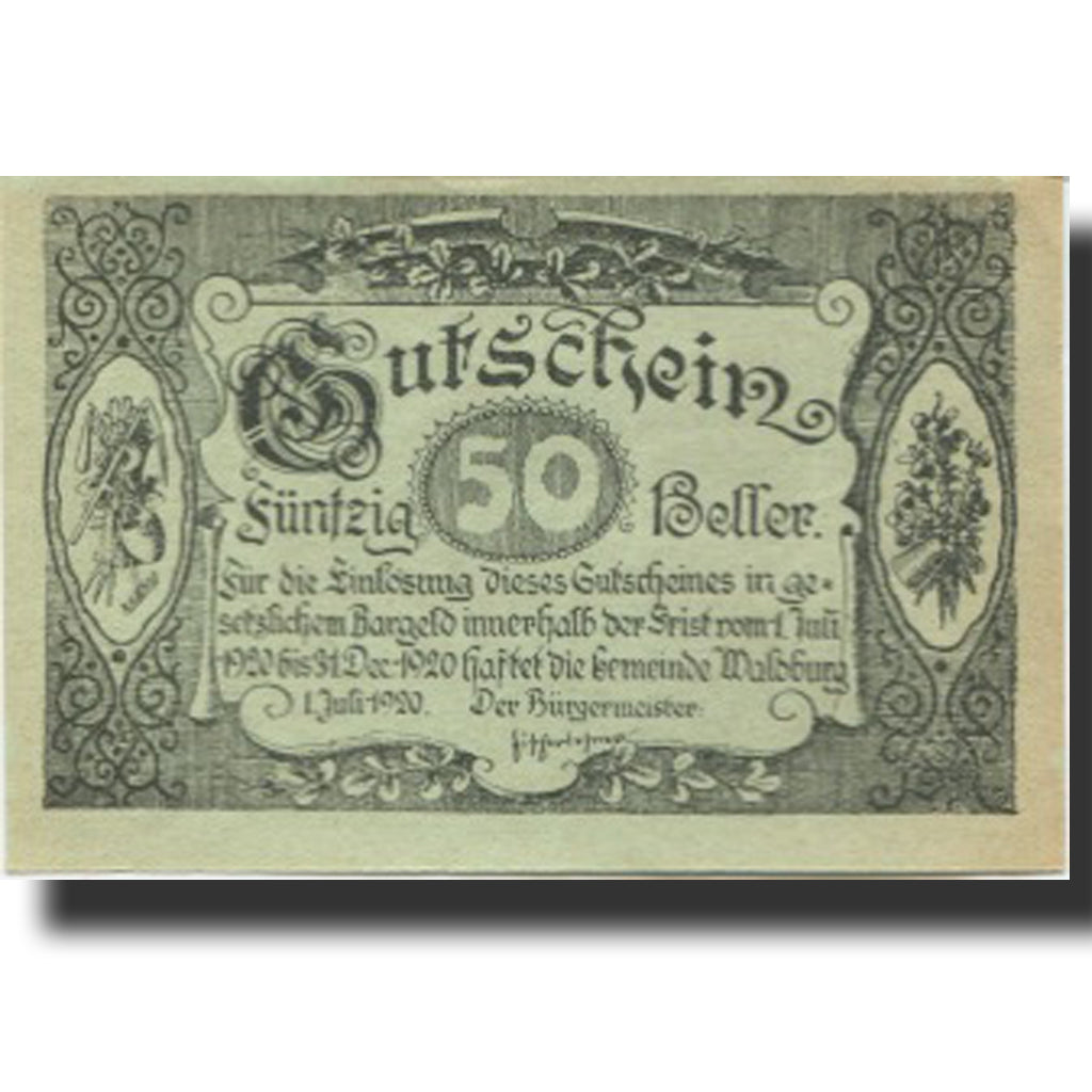 Banknote, Austria, Waldburg, 50 Heller, ferme, 1920 UNC(63) Mehl:FS 1130