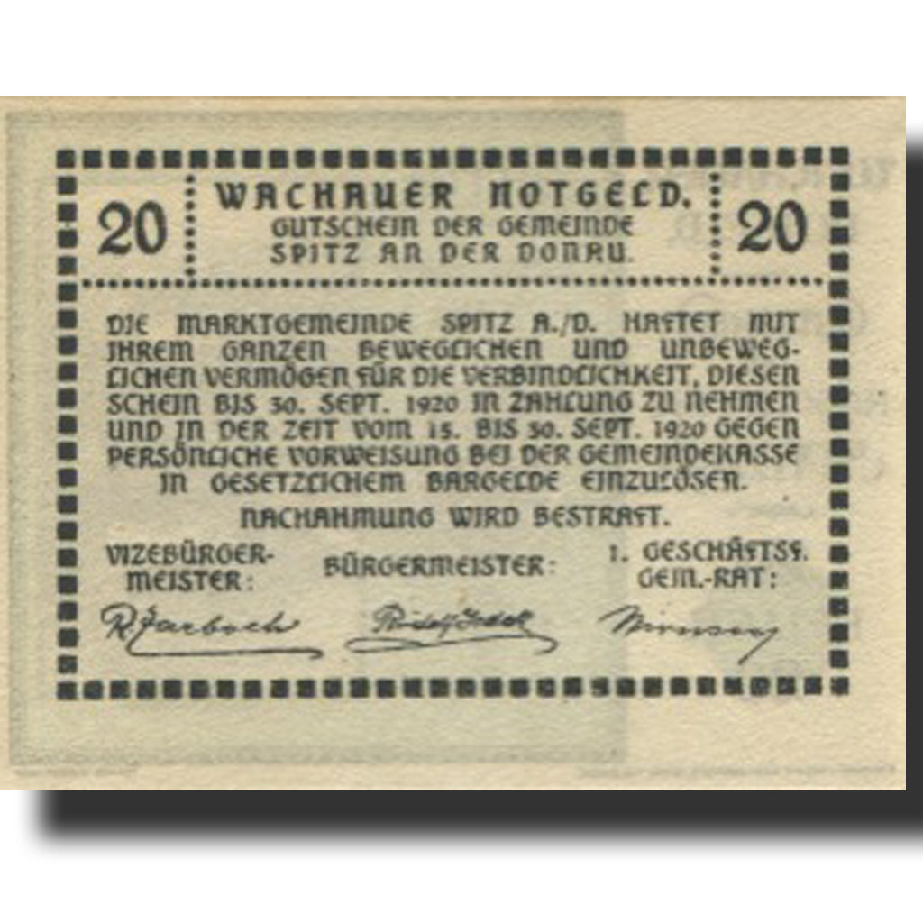 Banknote, Austria, Spitz a/d Donau 20Heller château 1920 UNC(63) Mehl:FS 1122.12