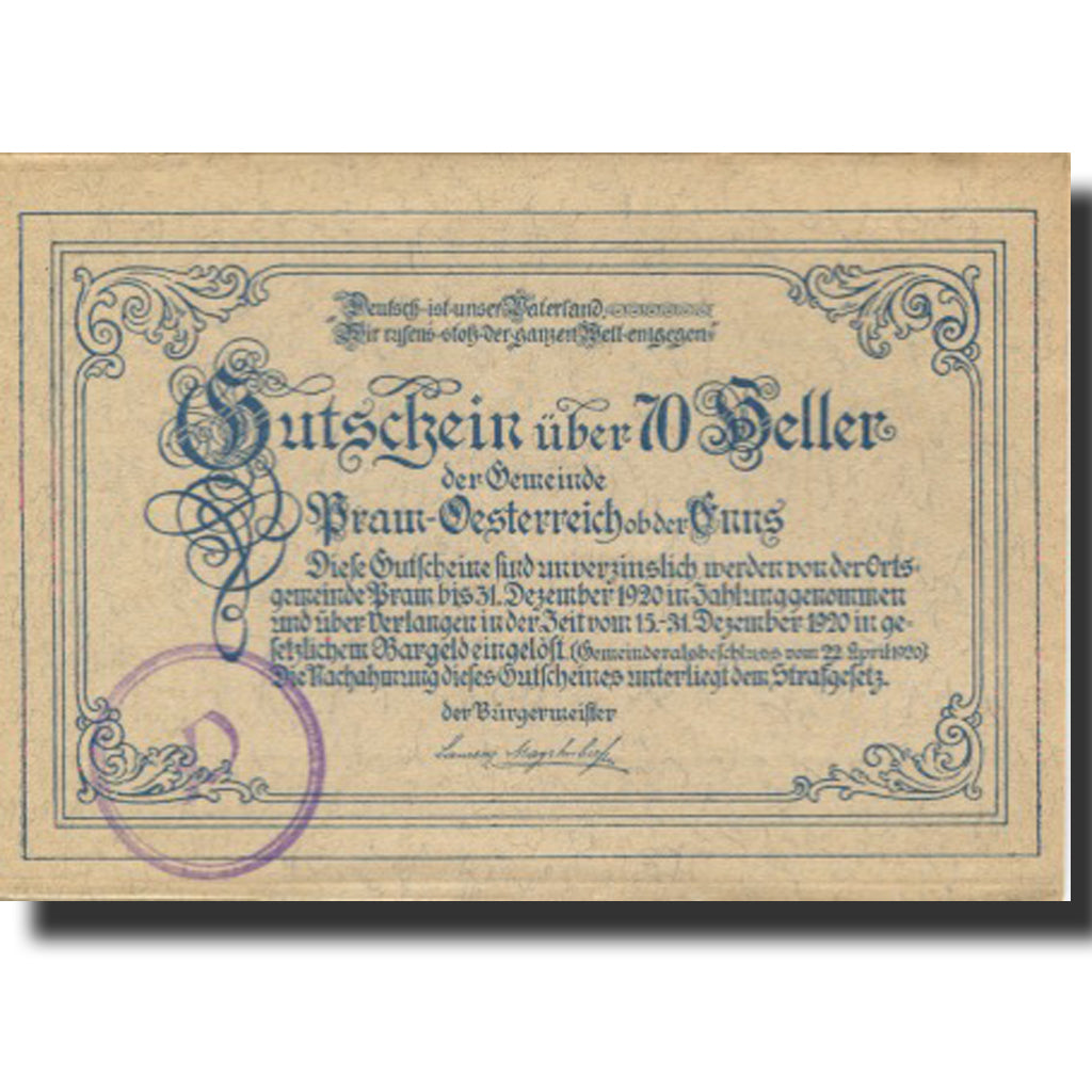Banknote, Austria, Pram, 70 Heller, manoir 1920-12-31, UNC(63) Mehl:FS 778a