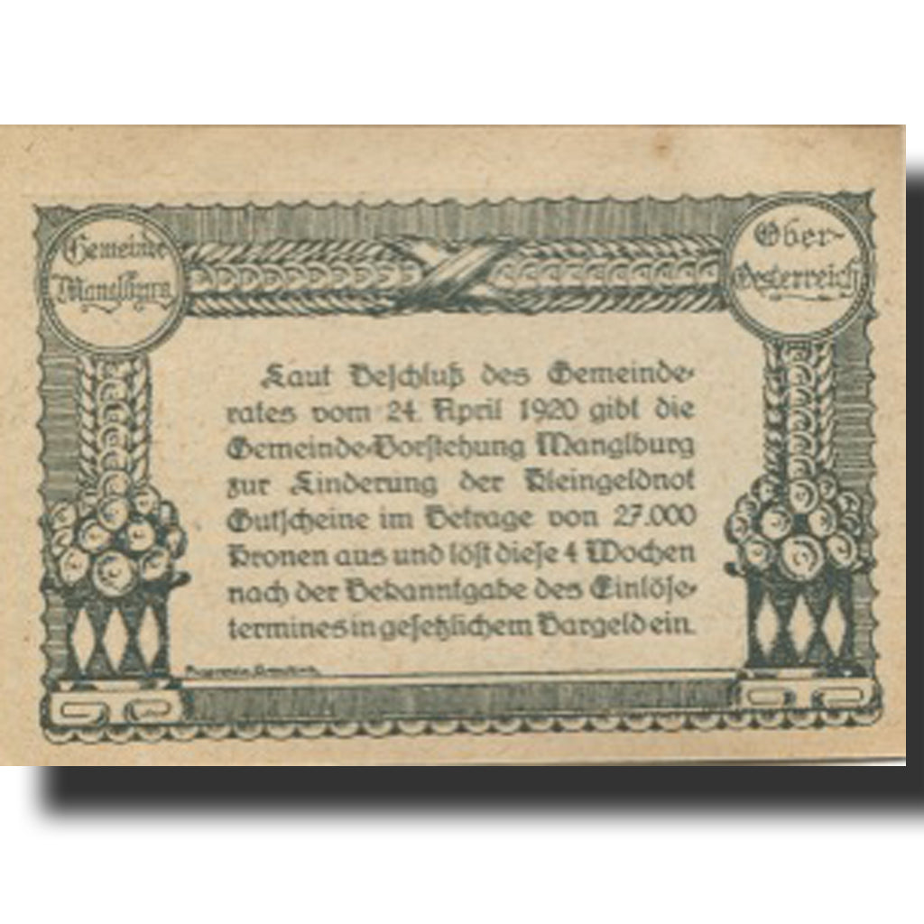Banknote, Austria, Manglburg, 50 Heller, ferme, 1920 UNC(63) Mehl:FS 692