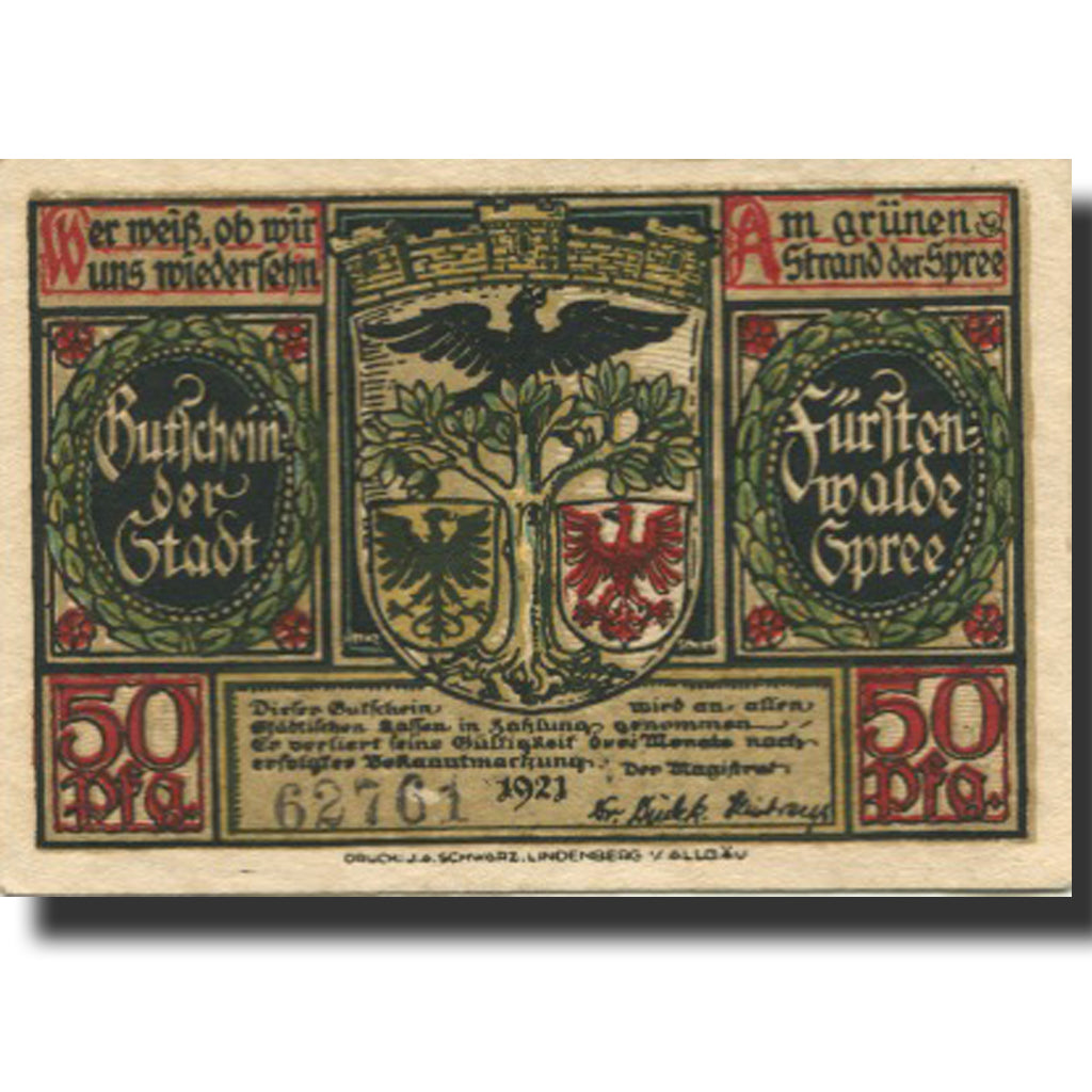 Banknote, Germany, Fürstenwalde, 50 Pfennig, Blason, 1921, UNC(63), Mehl:403.1a