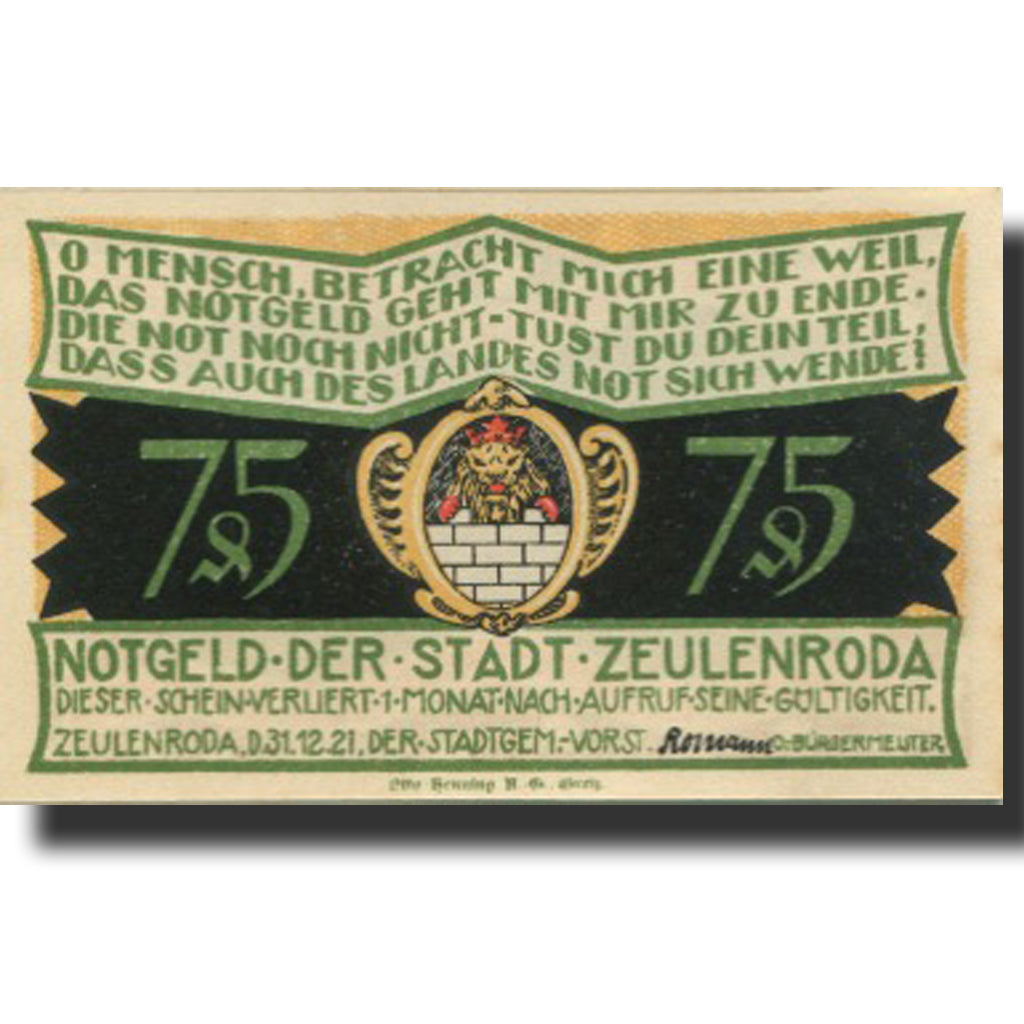 Geldschein Deutschland Zeulenroda 75Pfennig personnage 2, 1921 UNZ- Mehl:1470. 2