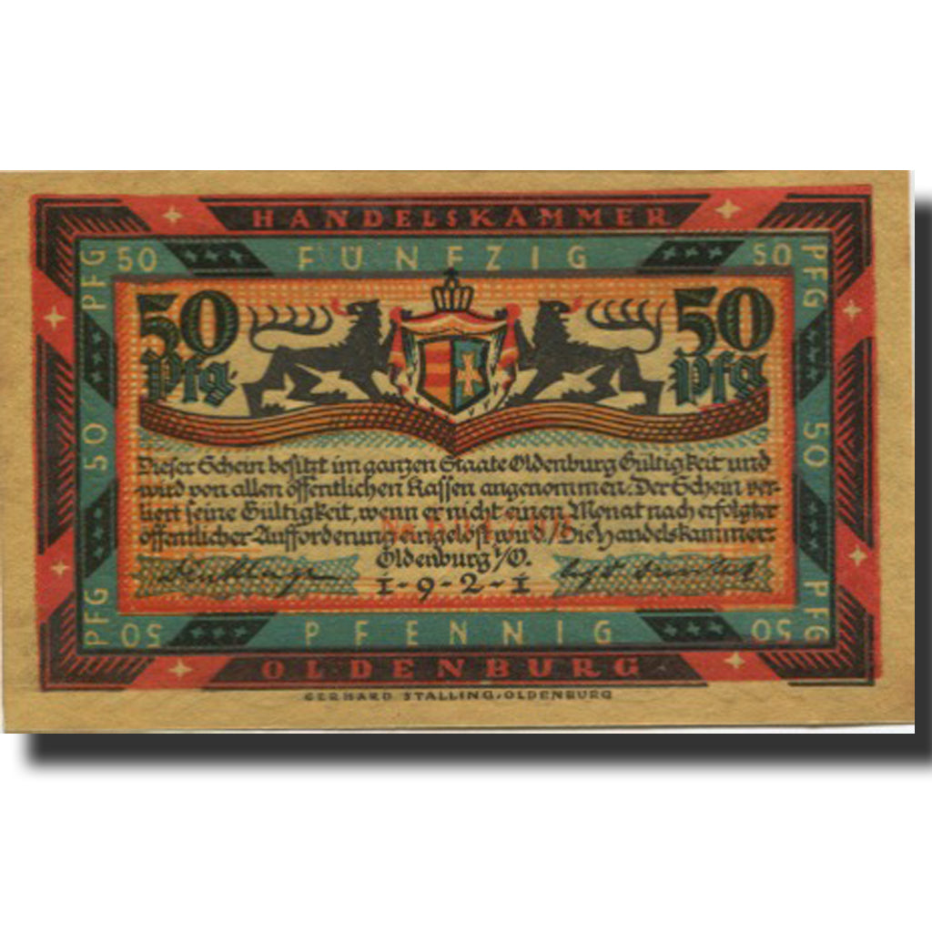 Banknote, Germany, Oldenburg 50Pfennig, personnage 1, 1921 UNC(63) Mehl:1017.1b