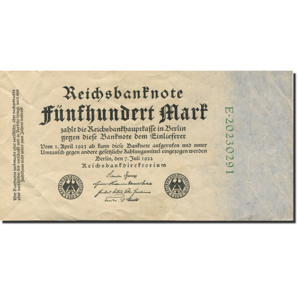 Geldschein, Deutschland, 500 Mark, 1922, 1922-07-07, KM:74b, UNZ-