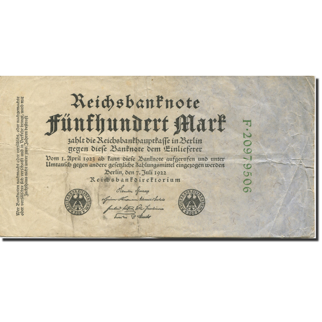 Geldschein, Deutschland, 500 Mark, 1922, 1922-07-07, KM:74c, S+