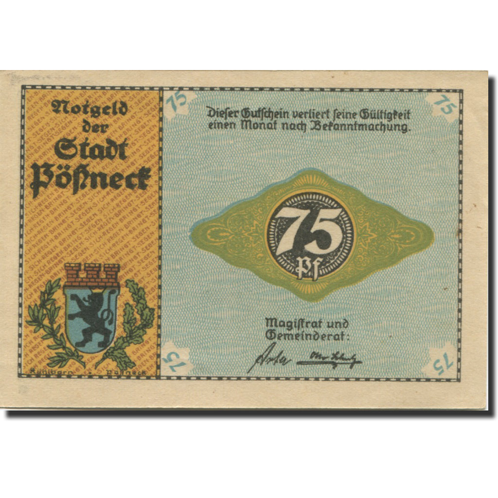 Billet, Allemagne, Possneck, 75 Pfennig, Usine 1, 1921, SPL, Mehl:1066.6