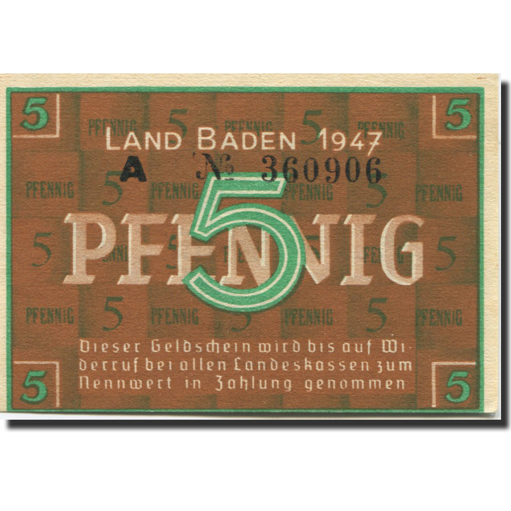 Biljet, Duitsland, Baden, 5 Pfennig, 1947, KM:S1001a, SPL