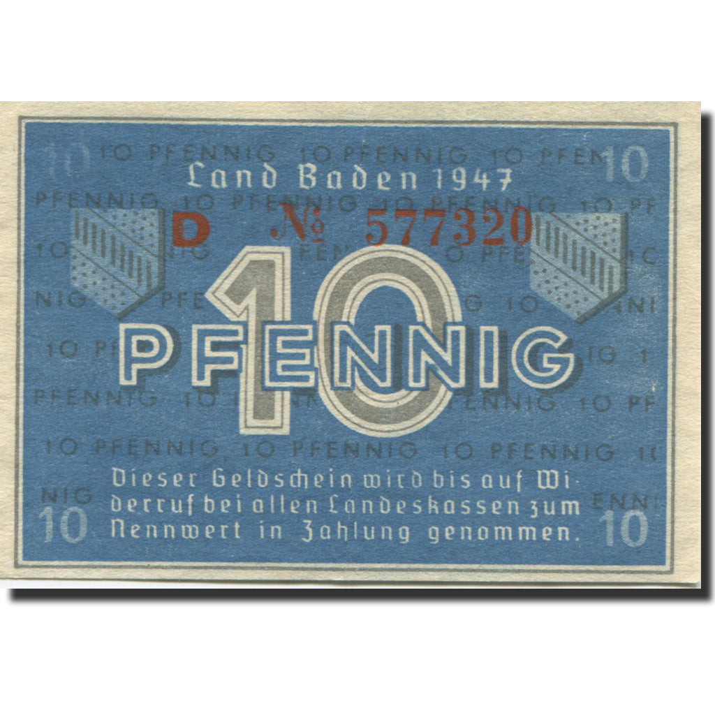 Biljet, Duitsland, Baden, 10 Pfennig, 1947, KM:S1002a, SPL