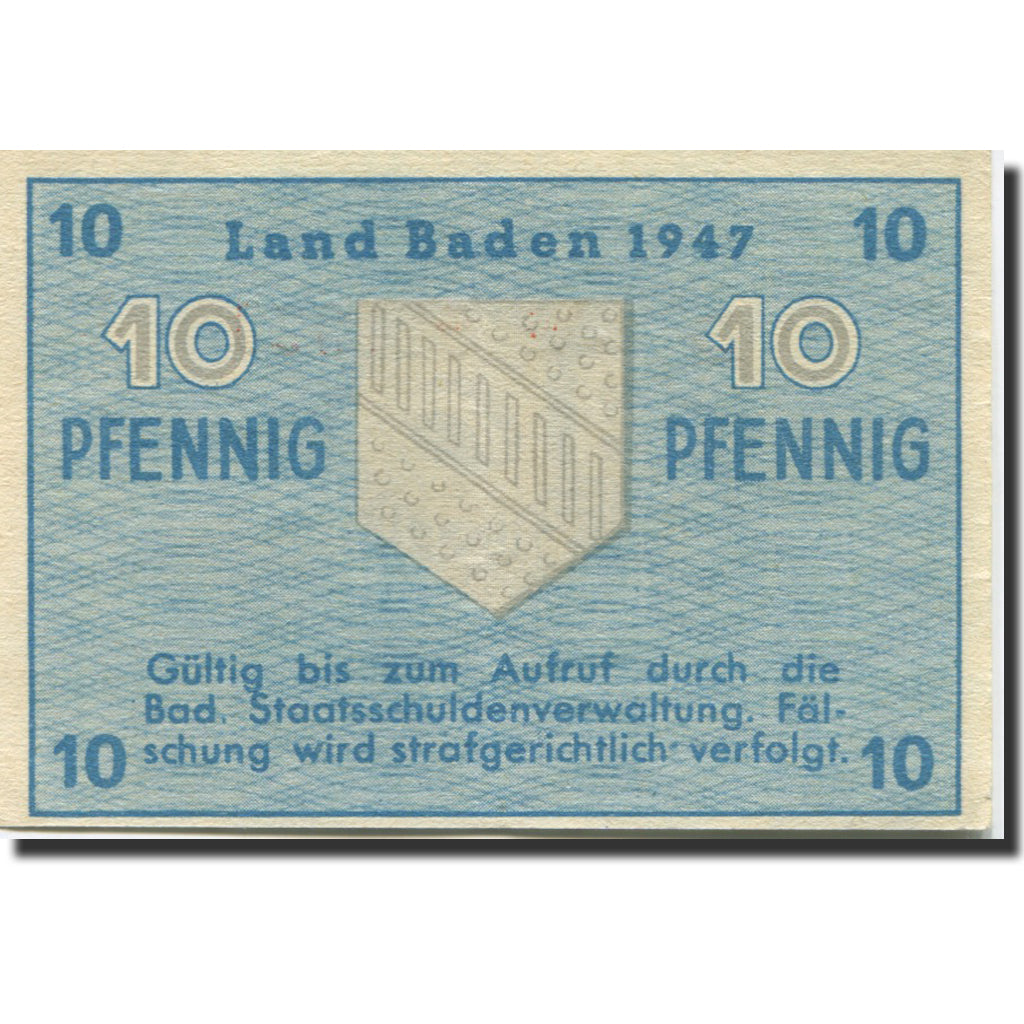Biljet, Duitsland, Baden, 10 Pfennig, 1947, KM:S1002a, SPL