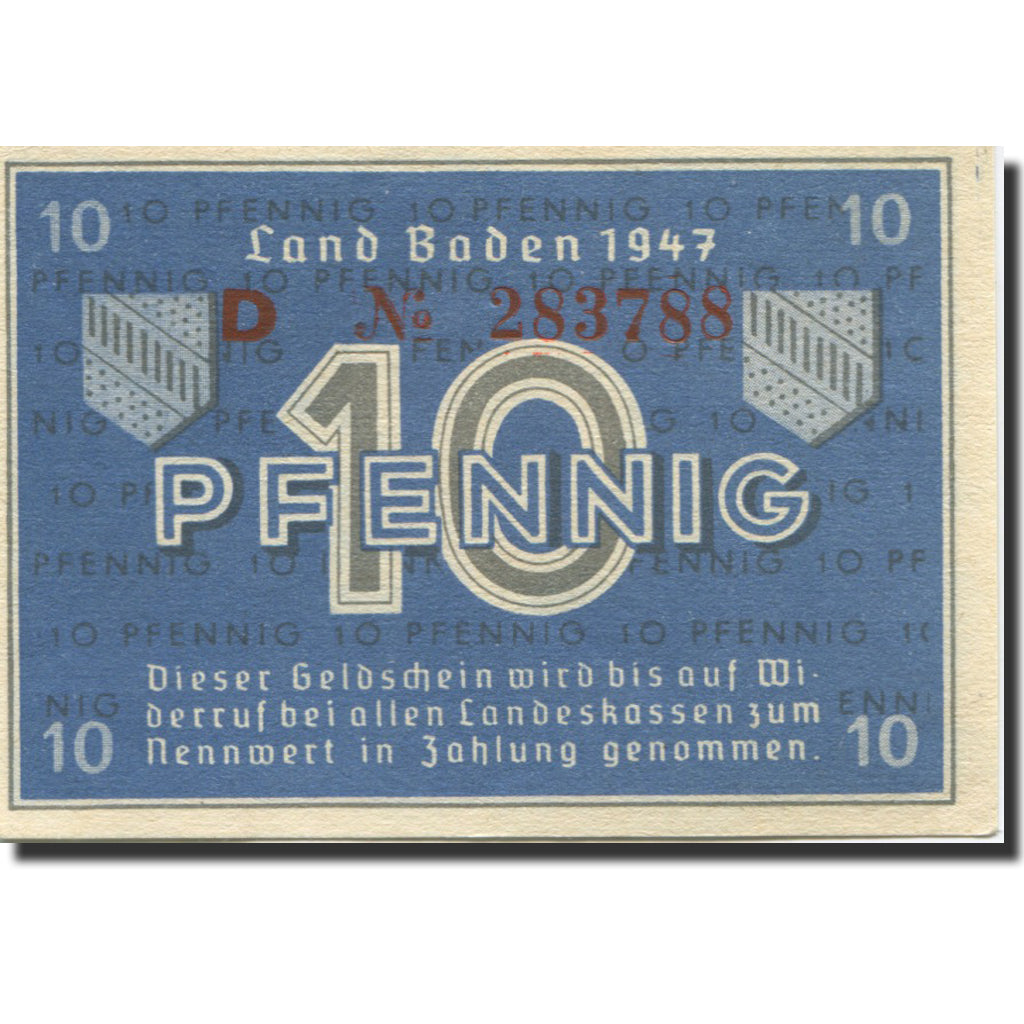 Biljet, Duitsland, Baden, 10 Pfennig, 1947, KM:S1002a, SPL