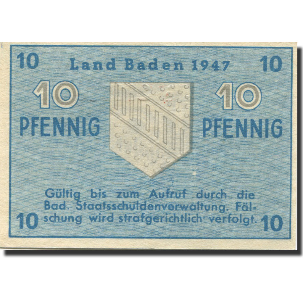 Biljet, Duitsland, Baden, 10 Pfennig, 1947, KM:S1002a, SPL