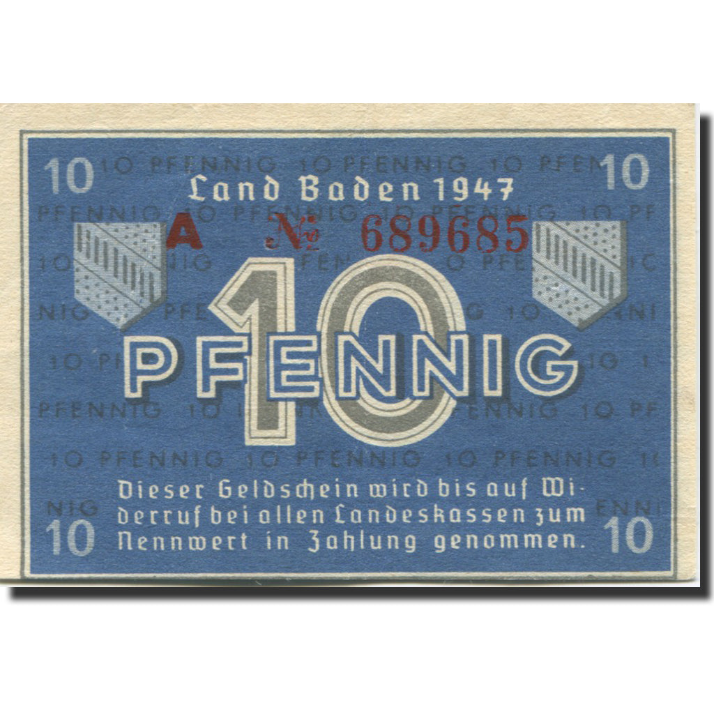 Biljet, Duitsland, Baden, 10 Pfennig, 1947, KM:S1002a, SPL