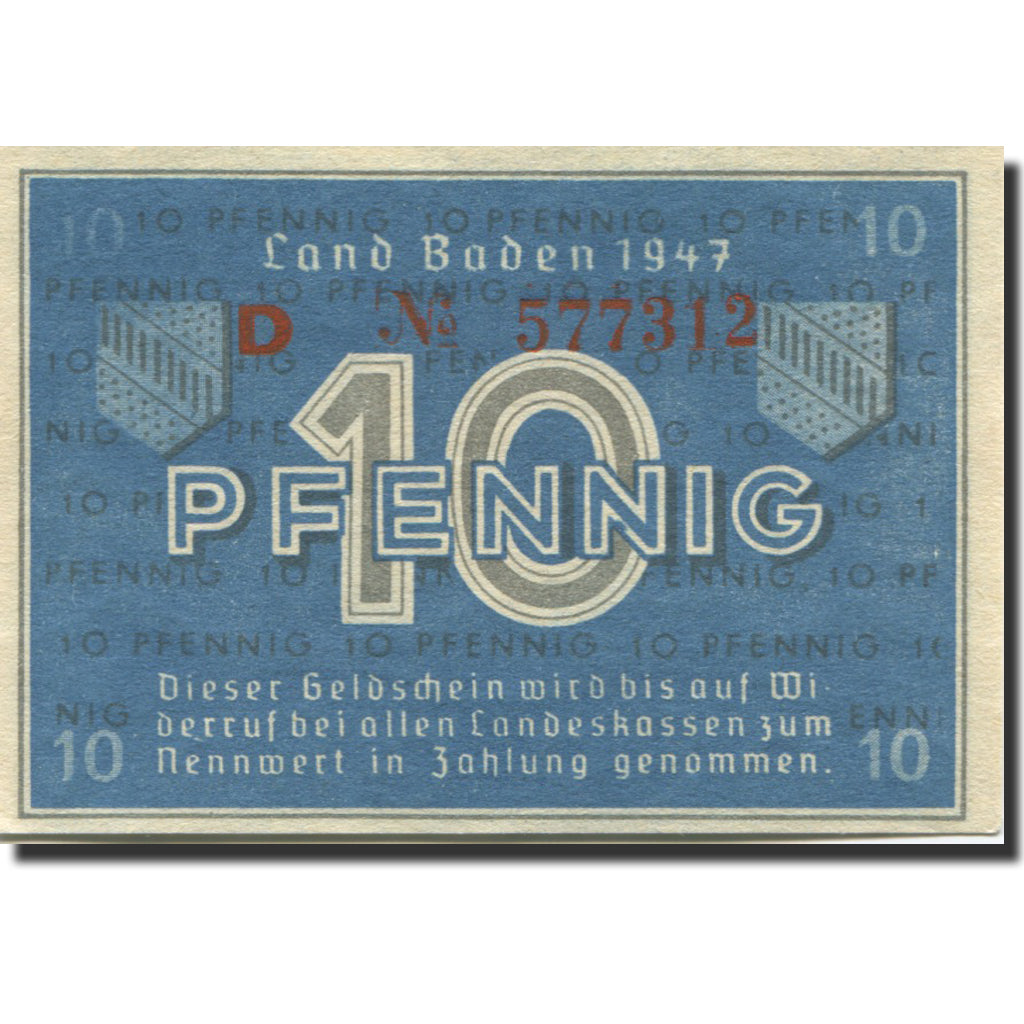 Biljet, Duitsland, Baden, 10 Pfennig, 1947, KM:S1002a, SPL