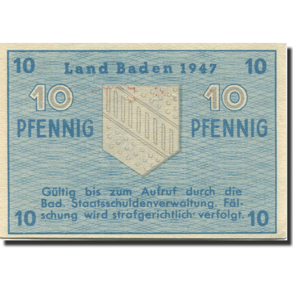 Biljet, Duitsland, Baden, 10 Pfennig, 1947, KM:S1002a, SPL