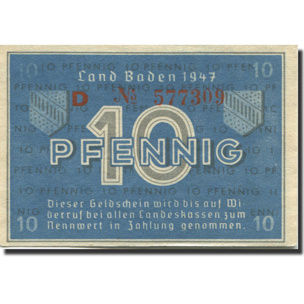 Biljet, Duitsland, Baden, 10 Pfennig, 1947, KM:S1002a, SUP