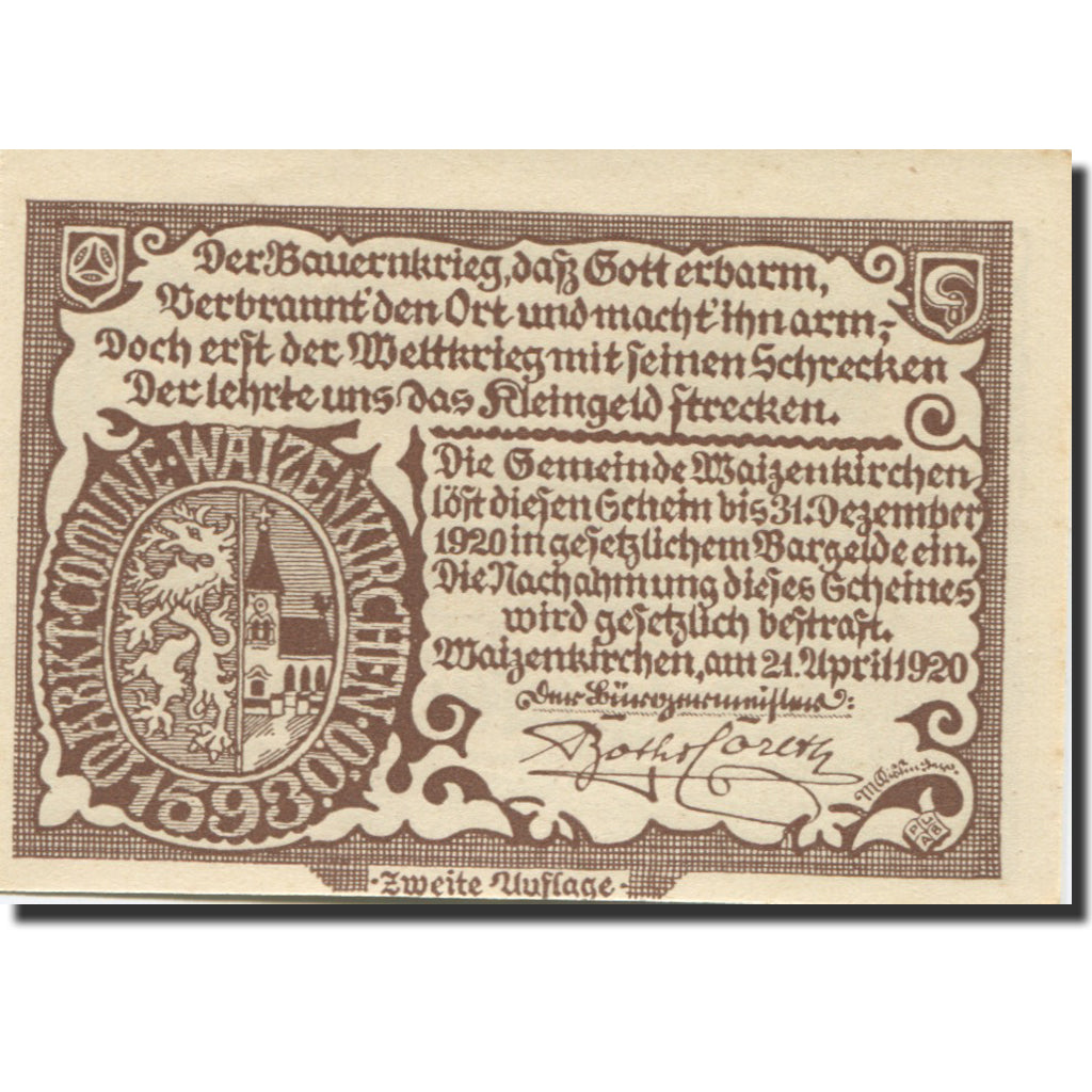 Banknote, Austria Waizenkirchen 50Heller village 1, 1920 UNC(63) Mehl:FS 1128a
