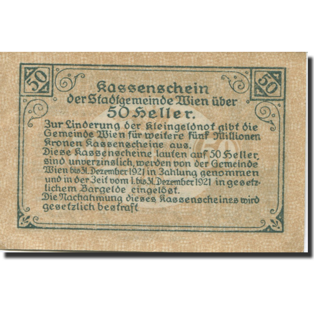 Billet, Autriche, Wien, 50 Heller, château 1921-12-31, SUP+ Mehl:FS 1183IIf