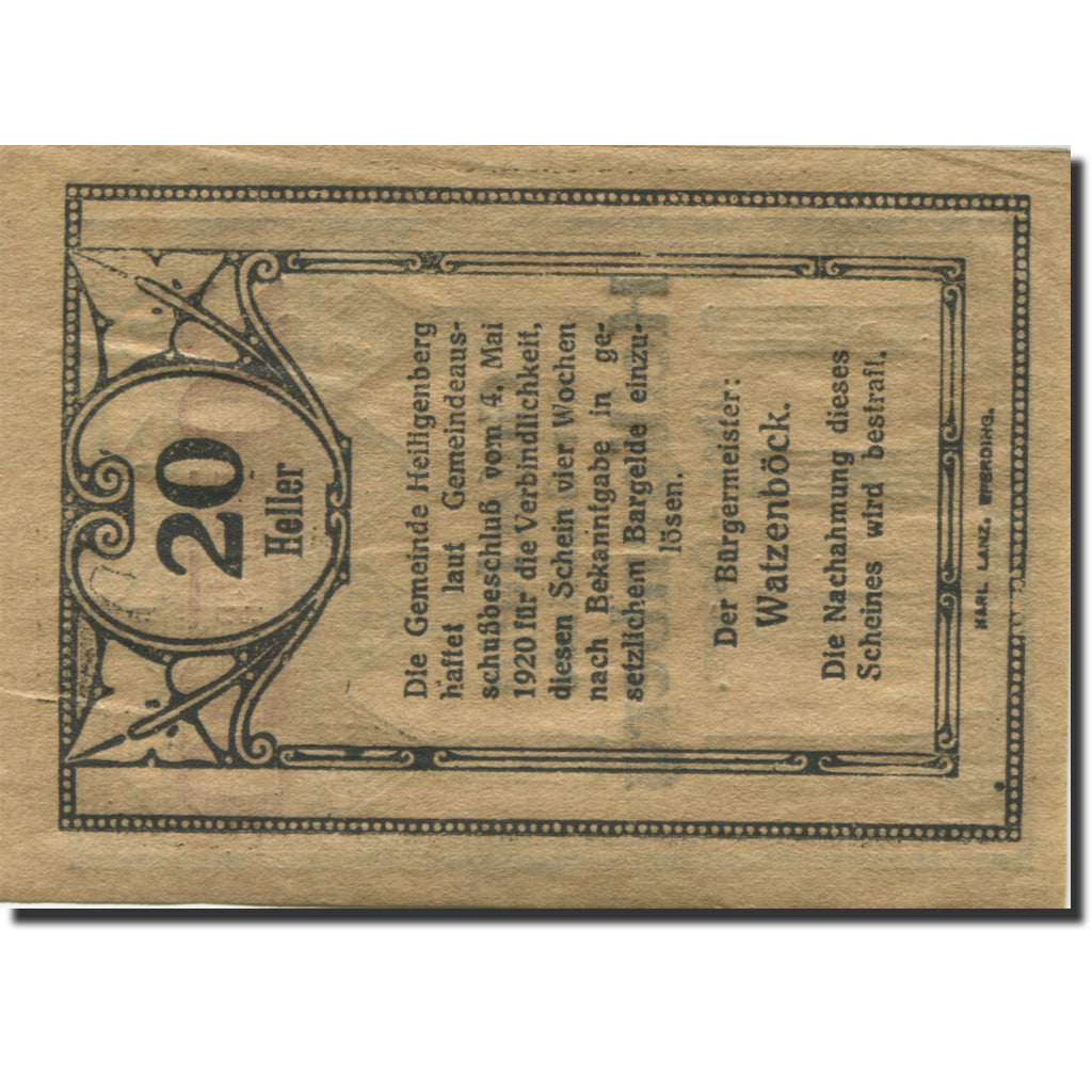 Banknote, Austria, Heiligenberg, 20 Heller face value UNC(63), Mehl:FS 361Ia