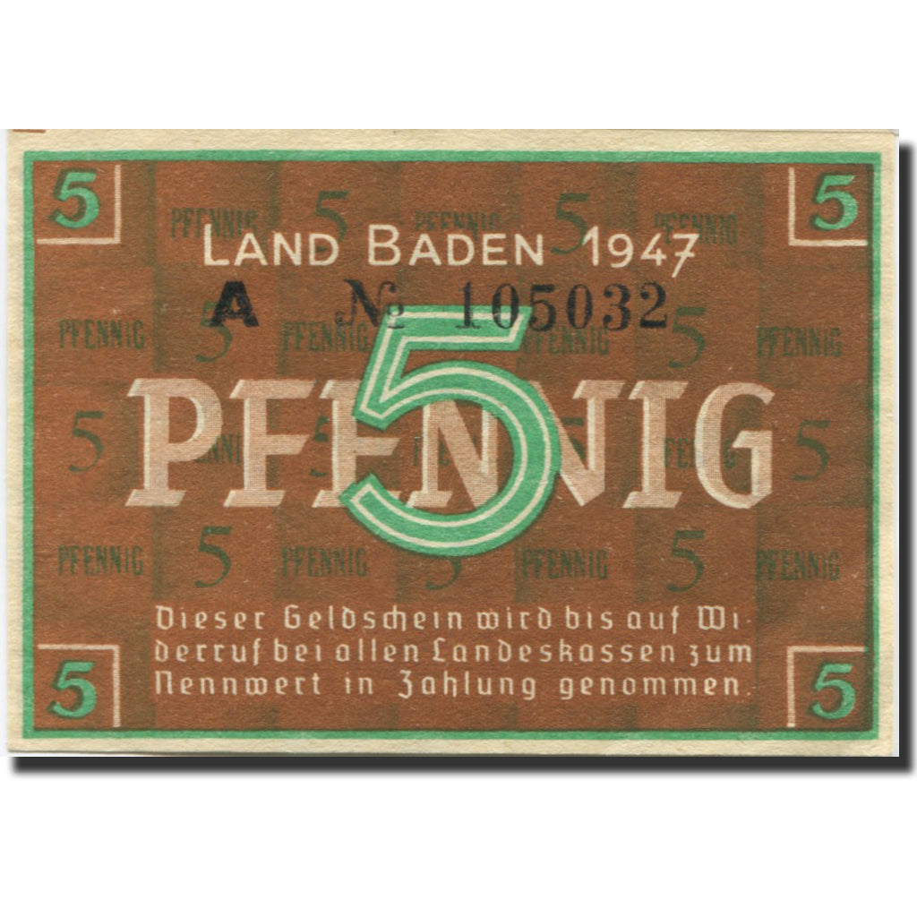 Nota, Alemanha, Baden, 5 Pfennig, 1947, KM:S1001a, UNC(63)