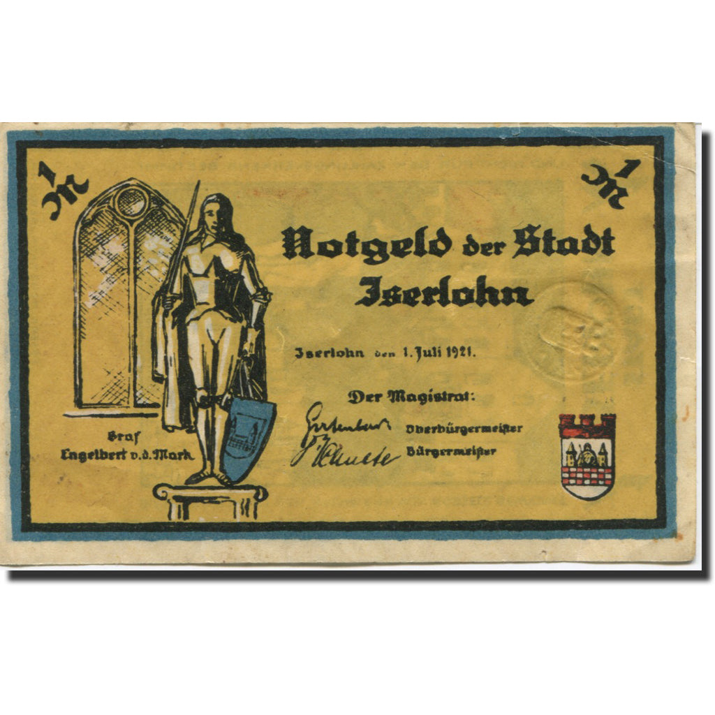 Banknote, Germany, Iserlohn, 1 Mark, personnage, 1921 AU(55-58) Mehl:647.1