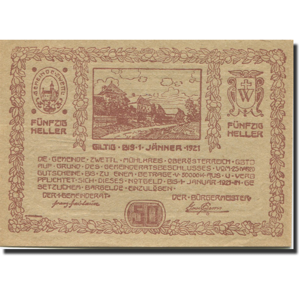 Banconote, Austria, Zwettl, 50 Heller, ferme 1921-01-01, SPL Mehl:FS 1279a