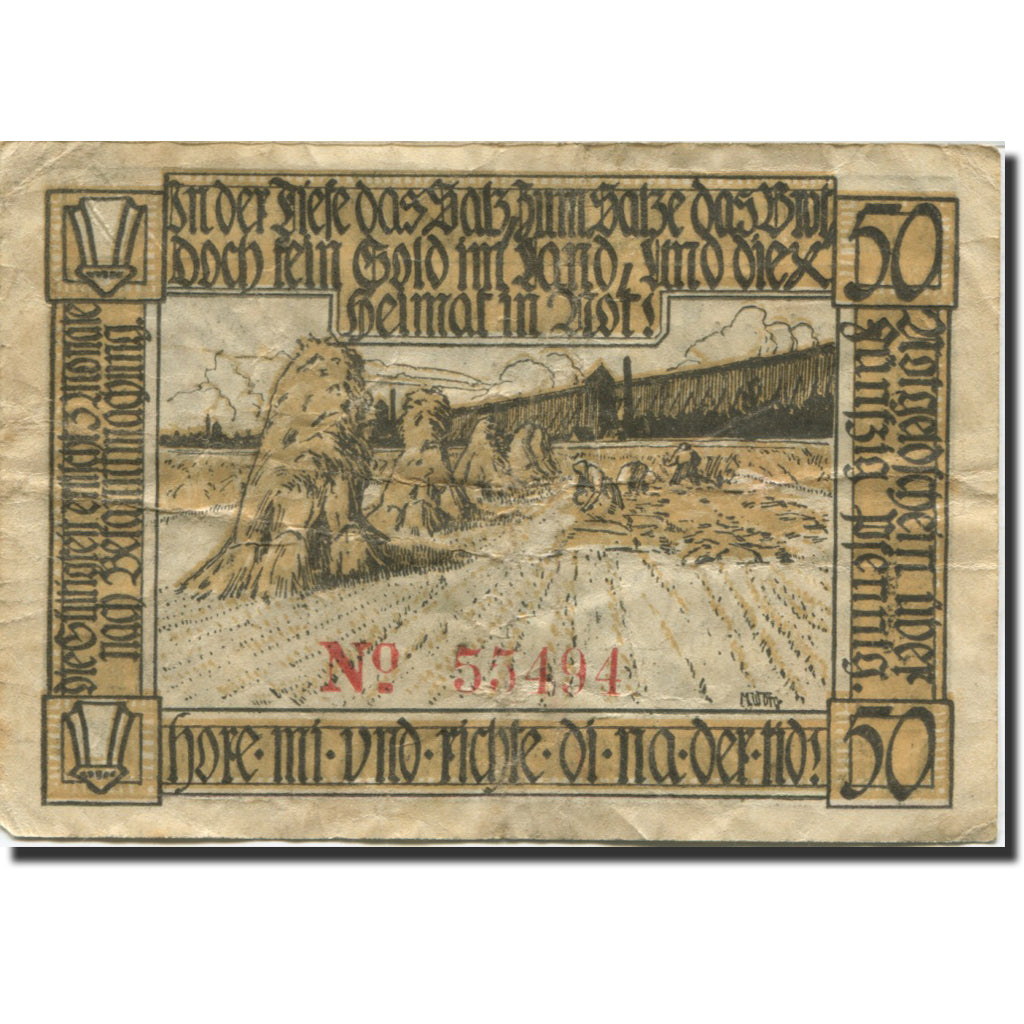 Banknote, Germany, Gross, 50 Pfennig, champs, 1921VF(20-25) Mehl:G5.3b