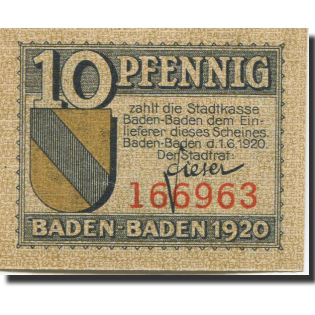 Banknote, Germany, Baden, 10 Pfennig, Blason, 1920 UNC(63) Mehl:3.2