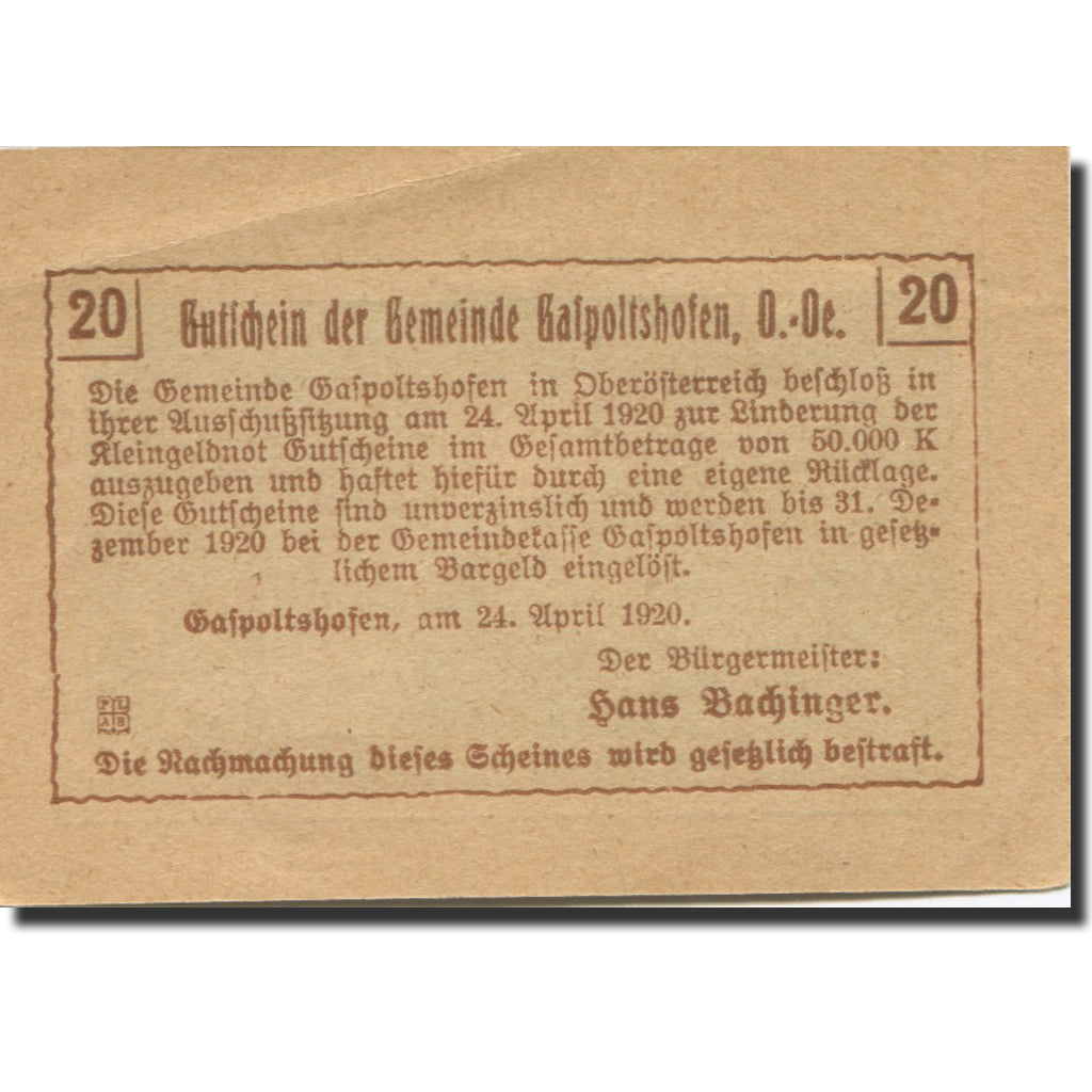Billet, Autriche, Gaspoltshofen, 20 Heller, champs, 1920 SUP Mehl:FS 225a2