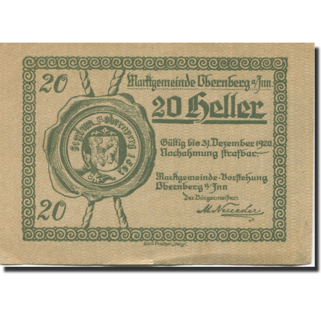 Banknote, Austria, Obernberg, 20 Heller, Blason, 1920 UNC(63) Mehl:FS 686
