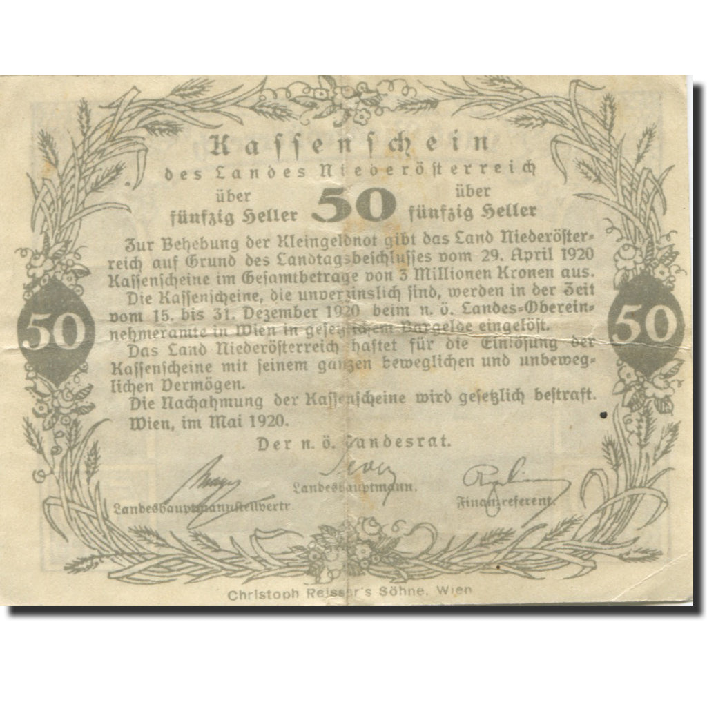 Banknote Austria Niederösterreich 50Heller champs 1920 EF(40-45) Mehl:FS 671I