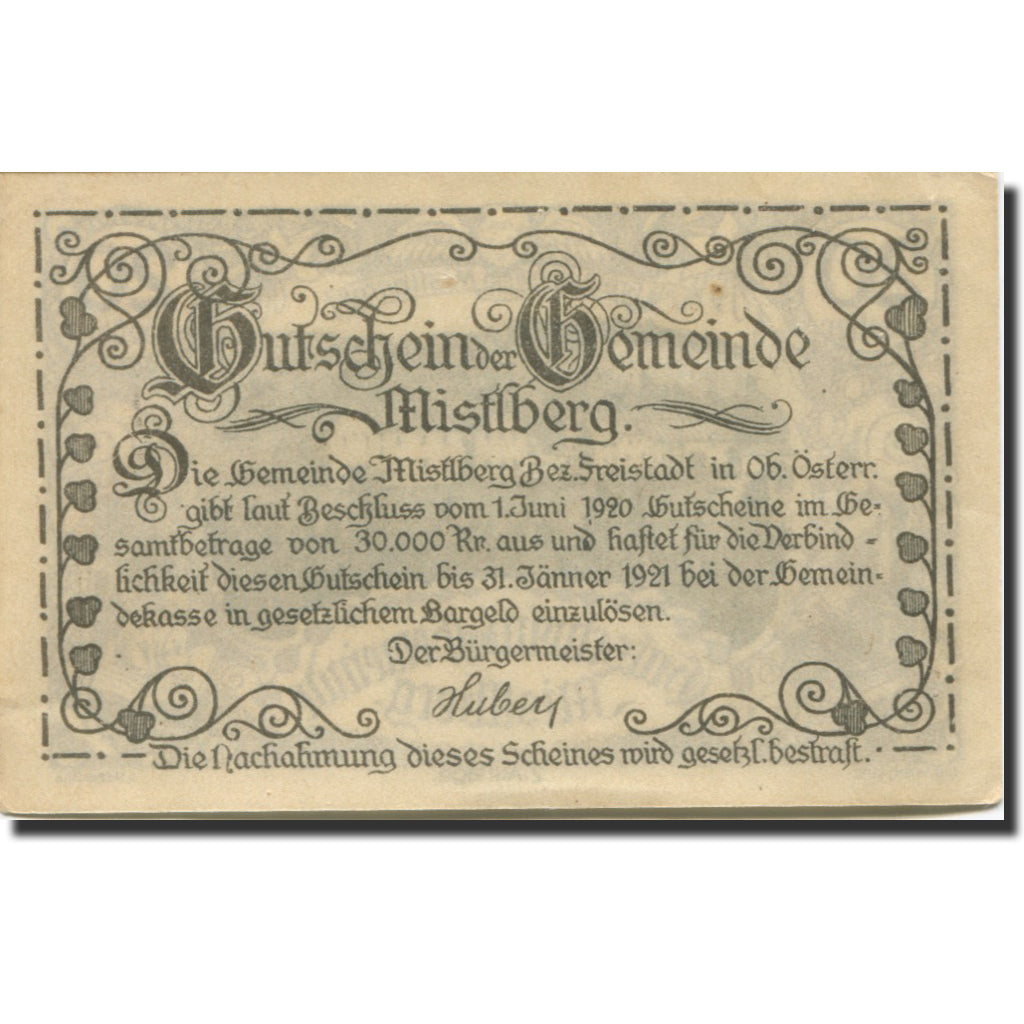 Banknote, Austria, Mistlberg, 20 Heller, village, 1921 AU(55-58) Mehl:FS 40