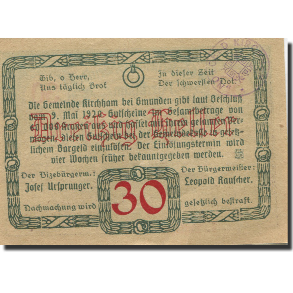 Banknote, Austria, Kirchham, 30 Heller, champs, 1920 UNC(63) Mehl:FS 446Ia