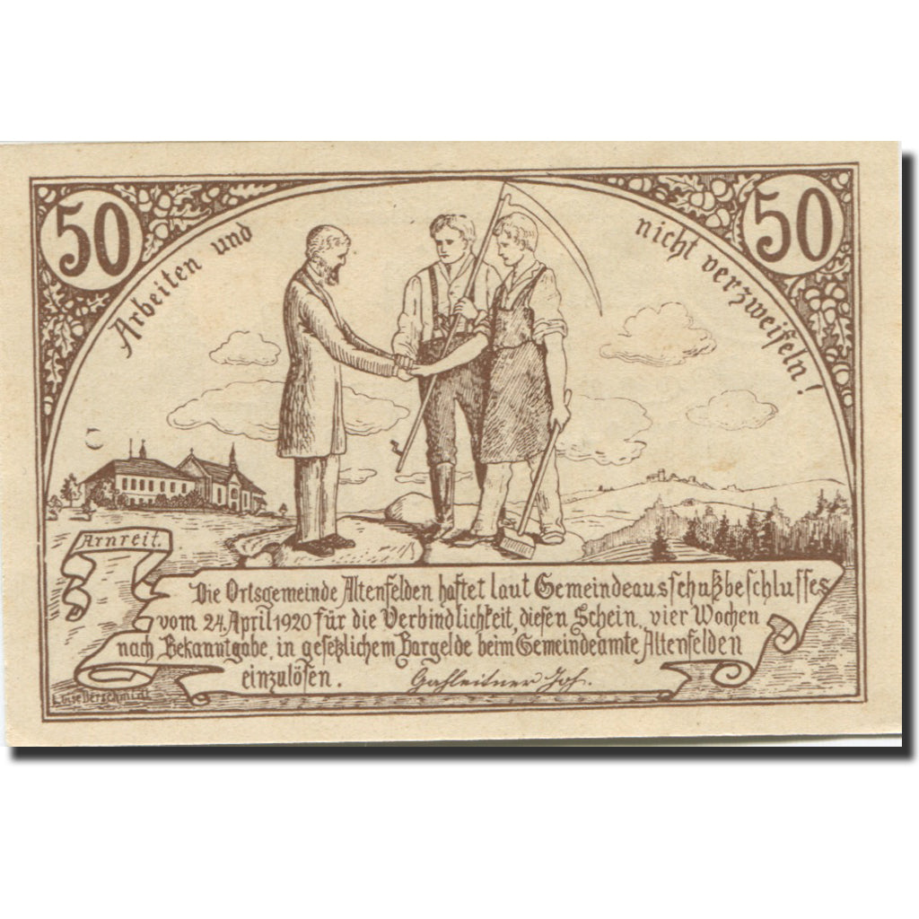 Banknote, Austria, Altenfelden, 50 Heller, Eglise, 1920 UNC(63) Mehl:FS 27Ib