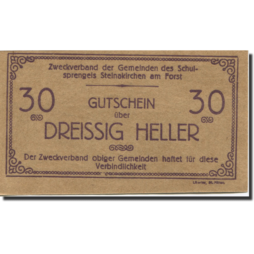 Banknote, Austria, Steinakirchen, 30 Heller, Eglise, 1920  UNC(63) Mehl:1022