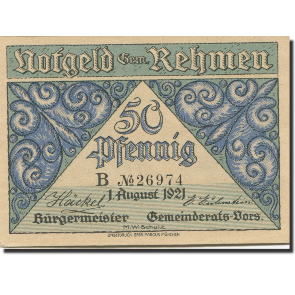 Banknote, Germany, Rehmen, 50 Pfennig, ferme, 1921 UNC(63) Mehl:1108.1