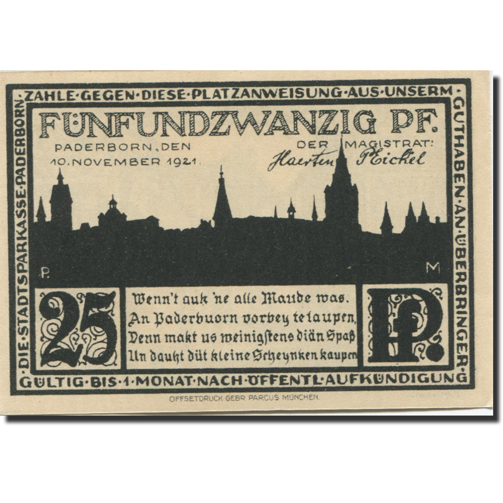 Banknote, Germany, Paderborn, 25 Pfennig, rue, 1921 UNC(63) Mehl:1043.4